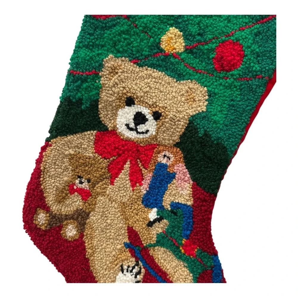 Christmas Stockings Lot‎ Of 2 Wool NeedlePunch Santa Claus & Teddy Bear Velvet